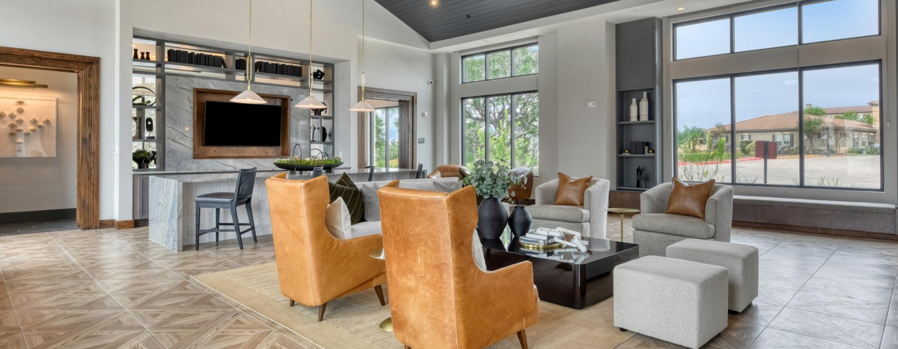 a living room with a large window